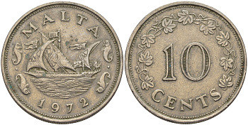 Мальта 10 центов 1972 баржа Великого магистра KM 11 медно-никель 82-536