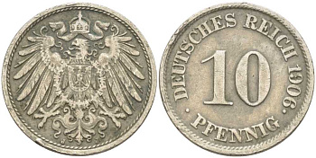 ГЕРМАНИЯ 10 ПФЕННИГОВ 1906 J KM 12, J. 13 медно-никель 175-216
