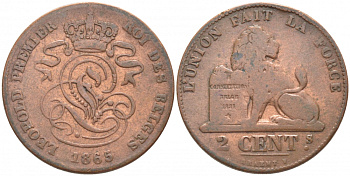 БЕЛЬГИЯ 2 САНТИМА 1865 BELGES KM 4.2 медь 110-543