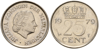 Нидерланды 25 центов 1979 Юлиана (1949-1980) KM 183 никель    4598-531