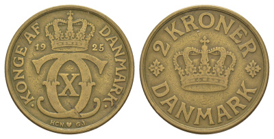 Дания 2 кроны 1925 HCN; GJ, Кристиан X (1912-1947) KM 825 алюминиевая бронза 82-215