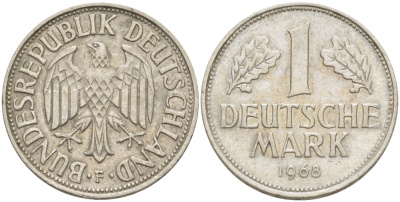 ФРГ 1 МАРКА 1968 F KM 110, J. 385 медно-никель 3718-1132