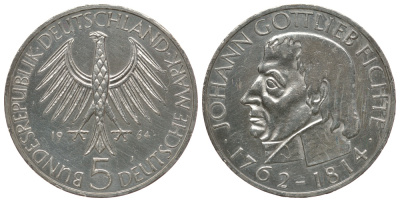 ФРГ 5 марок 1964 J, 150 лет со дня смерти Иоганна Готлиба Фихте J. 393, KM 118.1 серебро 413-1611