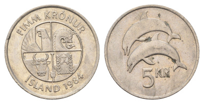 Исландия 5 крон 1984 дельфины KM 28 медно-никель 4591-1054