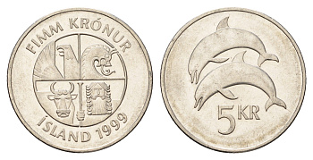 Исландия 5 крон 1999 дельфины KM 28a сталь плакированная никелем UNC 4691-422