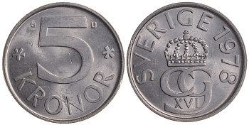 Швеция 5 крон 1978 U Карл XVI Густав (1973- ) KM 853 медно-никель UNC 59-241