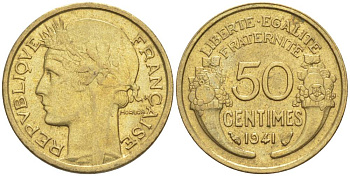 ФРАНЦИЯ 50 САНТИМОВ 1941 ТИП MORLON KM 894.1, LE FRANC 192.18 алюминиевая бронза 44-524