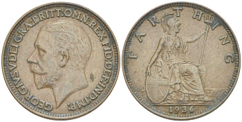 Великобритания 1 фартинг 1936 Георг V (1910-1936) KM 825, Spink 4061 бронза 4543-1111