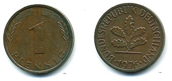 ФРГ 1 пфенниг 1976 J KM105, J.380 сталь плакированная медью 3999-1161