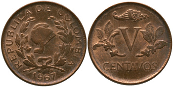 Колумбия 5 сентаво 1967 KM 206a, Schon 27a, Hernandez 384, Restrepo 372.1 сталь плакированная медью 4576-1251