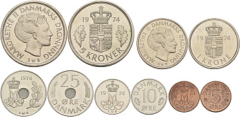 Дания набор из 5 монет 1974 Маргрете II (5, 10, 25 эре, 1 и 5 крон) UNC 5-4-3-61