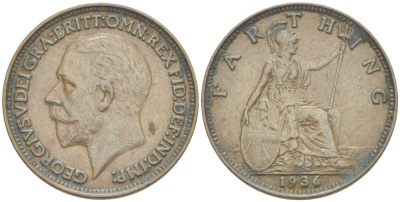 Великобритания 1 фартинг 1936 Георг V (1910-1936) KM 825, Spink 4061 бронза 4543-1111