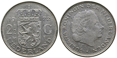 Нидерланды 2 1/2 гульдена 1972 Юлиана (1948-1980) KM 191 никель 75-332