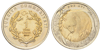 Турция 1 лира 2011 Фауна Турции - Бурый медведь KM 1276 биметалл UNC 1523-112