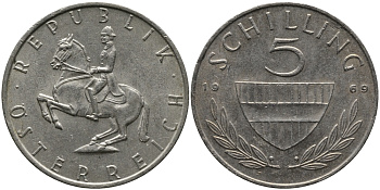 АВСТРИЯ 5 ШИЛЛИНГОВ 1969 KM 2889а медно-никель 33-623