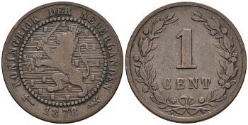 Нидерланды 1 цент 1878 Виллем III (1849-1890) KM 107 бронза 4576-532