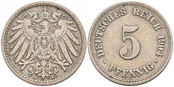 ГЕРМАНИЯ 5 ПФЕННИГОВ 1904 A, KM 11, J. 12 медно-никель 73-1752