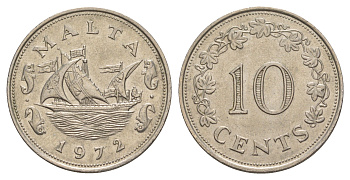 Мальта 10 центов 1972 баржа Великого магистра KM 11 медно-никель aUNC 4633-1155