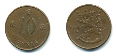 Финляндия 10 пенни 1920 республика (1918-1962) KM 24 медь 36-1057
