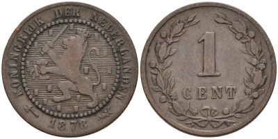 Нидерланды 1 цент 1878 Виллем III (1849-1890) KM 107 бронза 4576-532