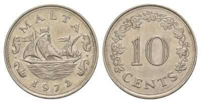 Мальта 10 центов 1972 баржа Великого магистра KM 11 медно-никель aUNC 4633-1155