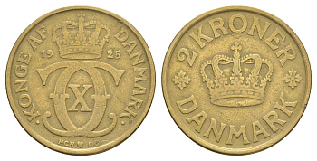 Дания 2 кроны 1925 HCN; GJ, Кристиан X (1912-1947) KM 825 алюминиевая бронза 88-534