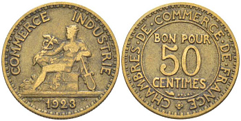 ФРАНЦИЯ 50 САНТИМОВ 1923 CHAMBRES DE COMMERCE KM 834, LE FRANC 191.6 алюминиевая бронза 175-326