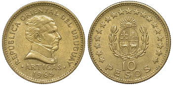 Уругвай 10 песо 1965 KM 48 алюминиевая бронза 4574-944