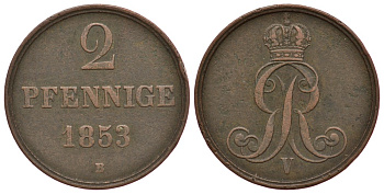 ГАННОВЕР 2 ПФЕННИГА 1853 KM 217, AKS 152, Jaeger 84 медь 413-2924