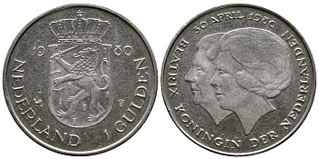 Нидерланды 1 гульден 1980 на коронацию Беатрикс, 30 апреля 1980 KM 200 никель 4175-756