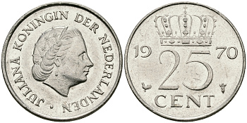 НИДЕРЛАНДЫ 25 ЦЕНТОВ 1970 ЮЛИАНА KM 183 никель 96-221