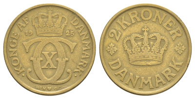 Дания 2 кроны 1925 HCN; GJ, Кристиан X (1912-1947) KM 825 алюминиевая бронза 88-534