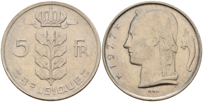 Бельгия 5 франков 1977 Belgique KM 134.1 медно-никель  UNC  4187-244