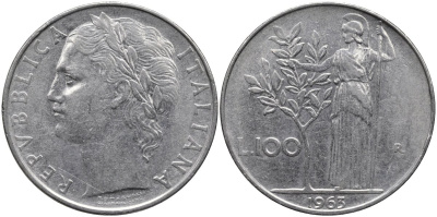 Италия 100 лир 1963 R, Афина в доспехах KM 96.1 нержавеющая сталь 4165-146