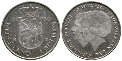 Нидерланды 1 гульден 1980 на коронацию Беатрикс, 30 апреля 1980 KM 200 никель 4175-756