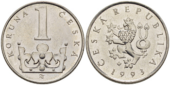 Чехия 1 крона 1993 KM 7 сталь плакированная никелем 67-853
