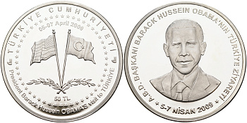 Турция 50 Лир 2009 визит президента Барака Обамы в Турцию KM 1245 серебро PROOF 11-104-11
