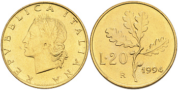 Италия 20 лир 1994 R, дубовый лист KM 97.2 алюминиевая бронза  UNC  4594-869