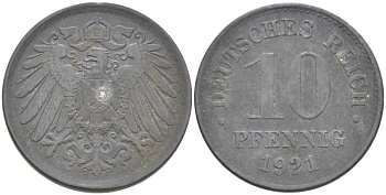 ГЕРМАНИЯ 10 ПФЕННИГОВ 1921 (1917-1922) KM 26, J. 299, Weege 8 цинк 210-234