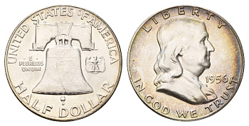 США 1/2 доллара (50 центов) 1956 Бенджамин Франклин, колокол KM 199 серебро aUNC 1530-1215