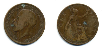 Великобритания 1 пенни 1919 Георг V (1910-1936) КМ 810, Spink 4051 бронза 47-232