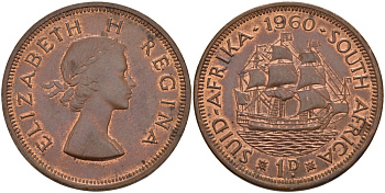 ЮАР 1 пенни 1960 Елизавета II (1952-2022), парусник KM 46 бронза UNC 97-831