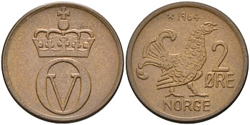 Норвегия 2 эре 1964 глухарь, Улаф V (1958-1991) KM 410 бронза UNC 4582-526