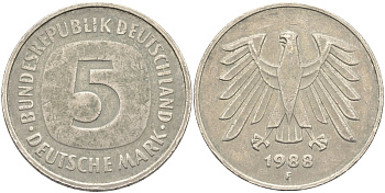 ФРГ 5 марок 1988 F KM 140.1, J.415 медно-никель 4139-124