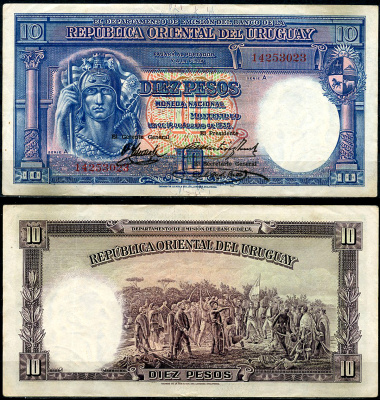 Уругвай 10 песо 1935 воин индеец, клятва 33 Ориенталес Pick 30 b (?)  бумага 00-00