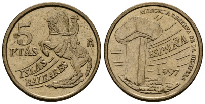 Испания 5 песет 1997 Хуан Карлос I (1975-2014), Балеарские острова, всадник KM 981 алюминиевая бронза 4173-713