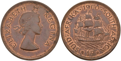 ЮАР 1 пенни 1960 Елизавета II (1952-2022), парусник KM 46 бронза UNC 97-831