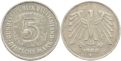 ФРГ 5 марок 1988 F KM 140.1, J.415 медно-никель 4139-124