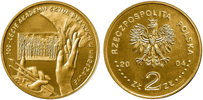 Польша 2 злотых 2004 MW, 100 лет Академии изящных искусств KM 509 нордик UNC 4676-147
