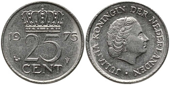 Нидерланды 25 центов 1975 Юлиана (1949-1980) KM 183 никель 112-746